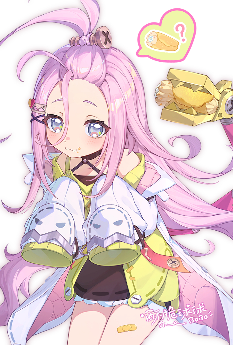 1girl, :3, aino_(genshin_impact), bandaid_on_thigh, bangs_pinned_back, blue_eyes, blush, closed_mouth