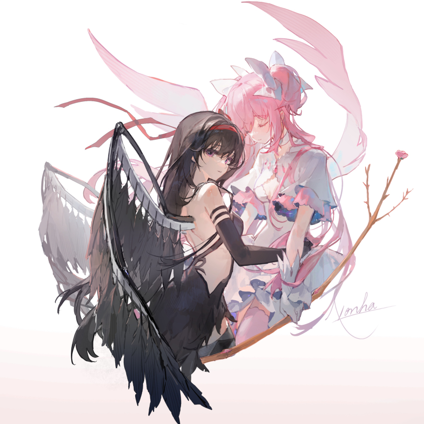 2girls, akemi_homura, backless_dress, backless_outfit, black_dress, black_gloves, black_hair, black_wings