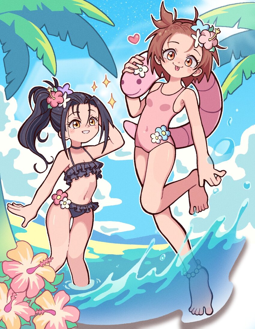 2girls, :p, alternate_body_size, arm_at_side, arm_behind_head, arm_up, bare_arms, bare_legs