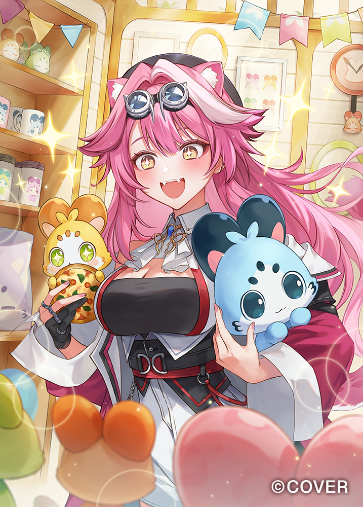 +_+, 1girl, :d, animal_ears, ascot, beret, black_corset, black_gloves