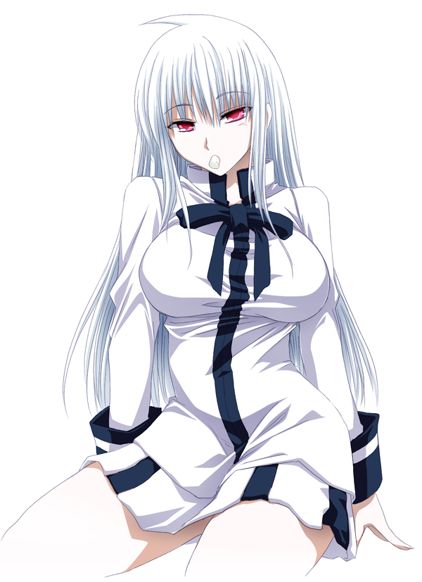 breasts, eating, large_breasts, long_hair, maji_de_watashi_ni_koi_shinasai!, pink_eyes, sakakibara_koyuki, sitting, skirt, white_hair