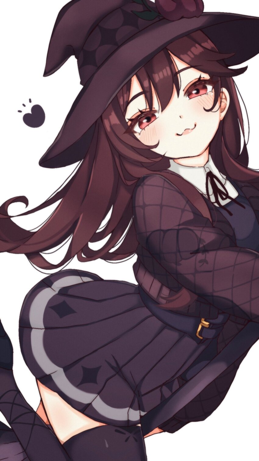 1girl, :3, black_ribbon, black_vest, blush, broom, broom_riding, brown_hair