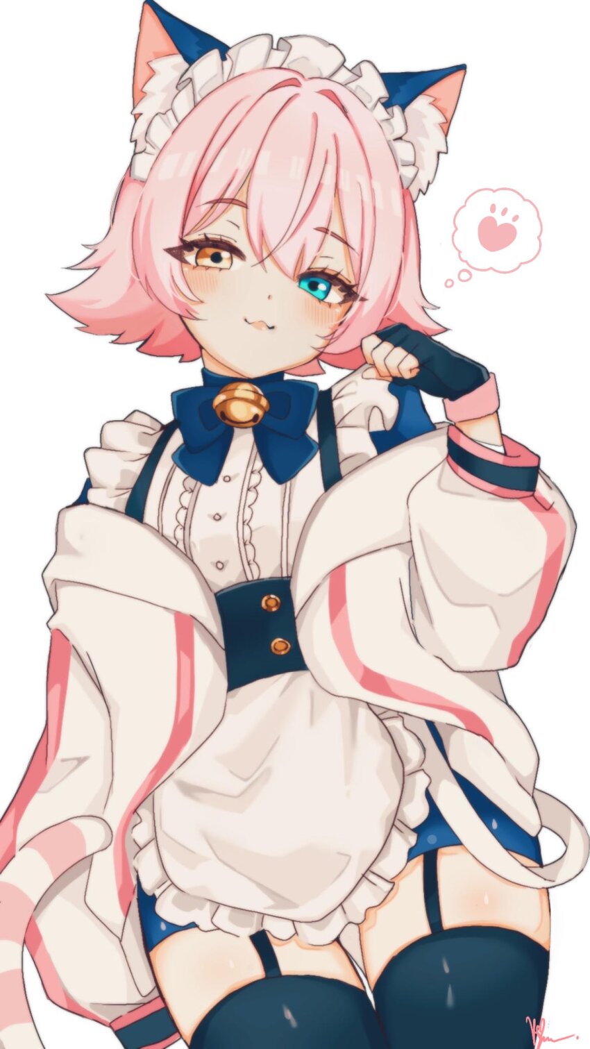 1girl, :3, animal_ear_fluff, animal_ears, apron, bell, black_garter_straps, black_gloves