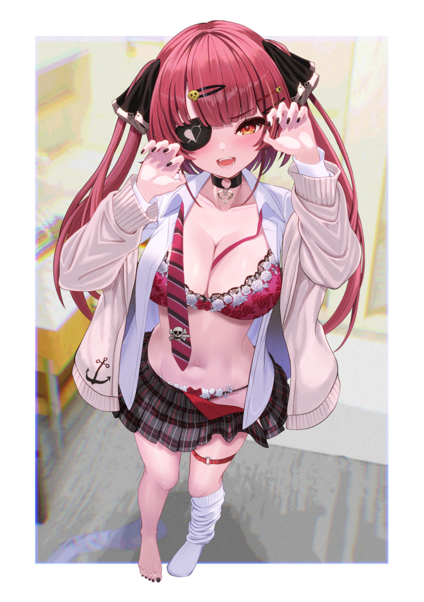 1girl, :d, black_nails, black_skirt, blunt_bangs, blurry, blurry_background, bra