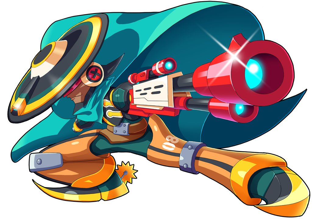 1boy, 8_(number), amputee, arm_cannon, assault_visor, boots, cape, countershade_(mighty_no._9), cowboy, cowboy_boots, full_body, gun, hat, mighty_no._9, no_humans, red_visor, redesign, rifle, robot, simple_background, sniper_rifle, sombrero, spurs, standing, tagme, ultimatemaverickx, weapon, western, white_background