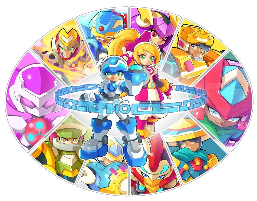 4girls, 6+boys, absurdres, arm_cannon, armor, aviator_(mighty_no._9), battalion_(mighty_no._9), beck_(mighty_no._9)