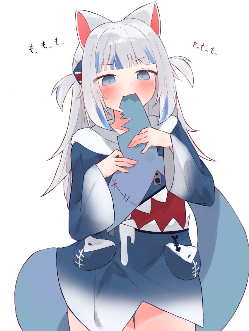 1girl, :3, absurdres, animal_ears, biting_own_tail, blue_eyes, blue_hoodie, blue_streaks