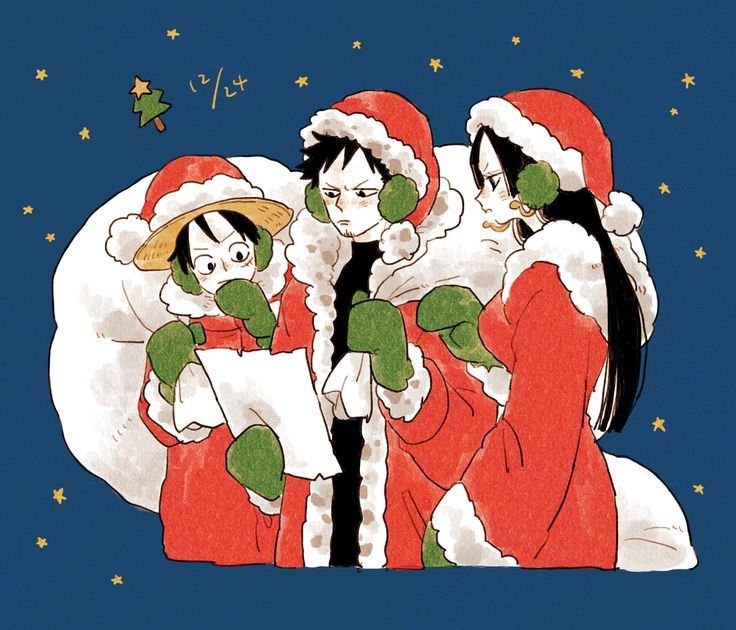1girl, 2boys, black_hair, boa_hancock, breasts, christmas, christmas_tree, earrings