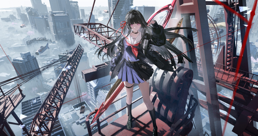 1girl, absurdres, black_hair, boots, bow_hairband, building, chisa_(wuthering_waves), choker