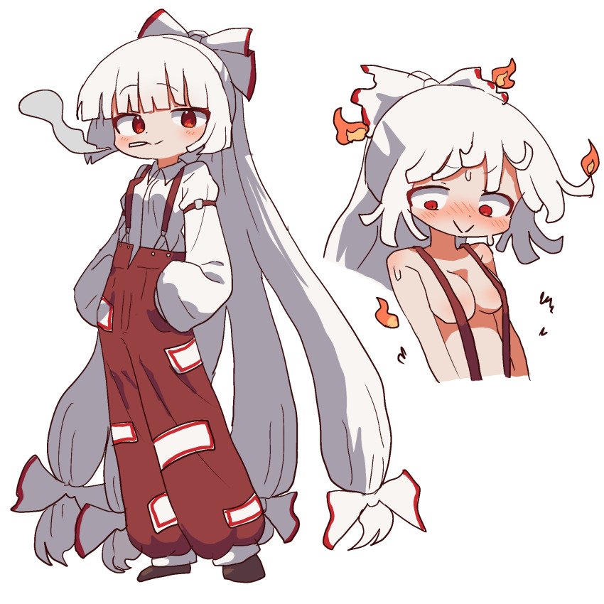 1girl, :>, absurdly_long_hair, blunt_bangs, blush, bow, breasts, brown_shoes