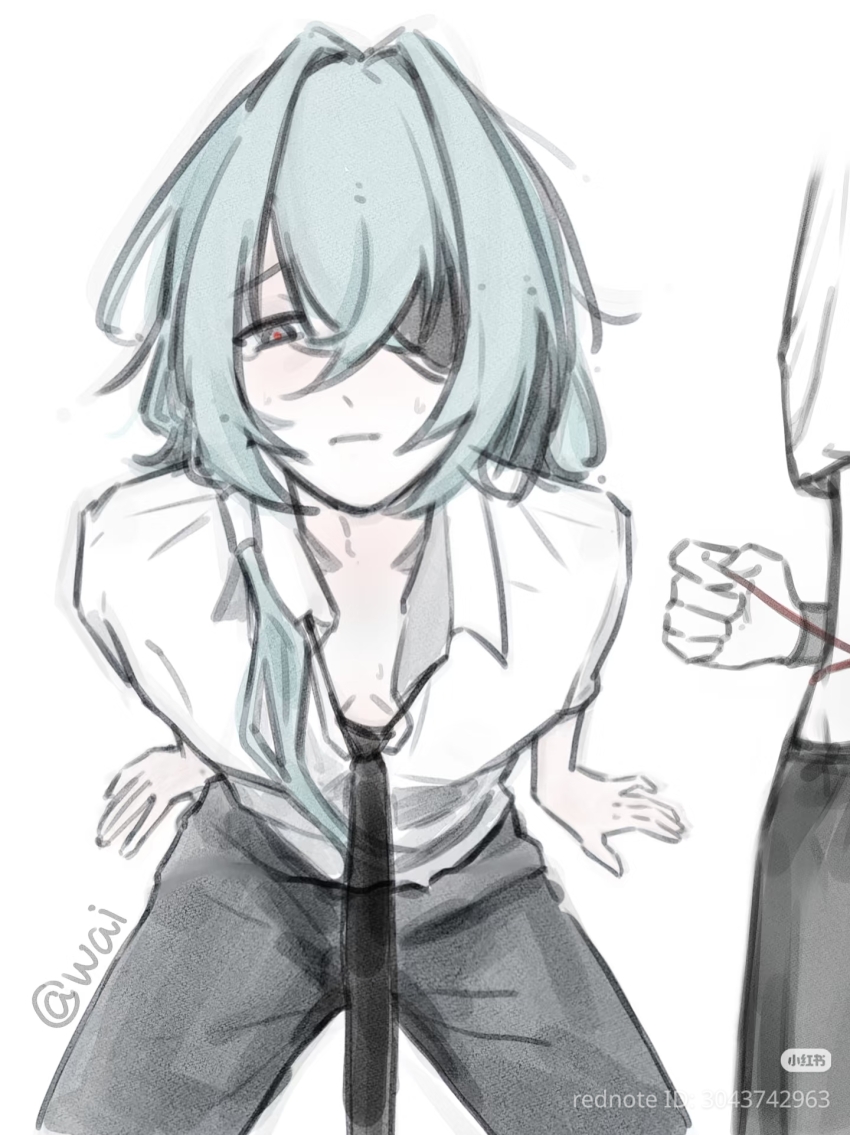 1boy, anaxa_(honkai:_star_rail), black_necktie, chinese_commentary, green_hair, hair_between_eyes, hair_ornament, highres