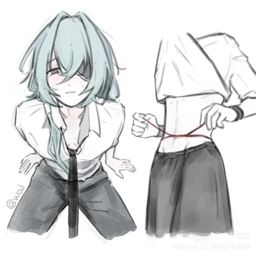 1boy, anaxa_(honkai:_star_rail), black_necktie, chinese_commentary, green_hair, hair_between_eyes, hair_ornament, highres