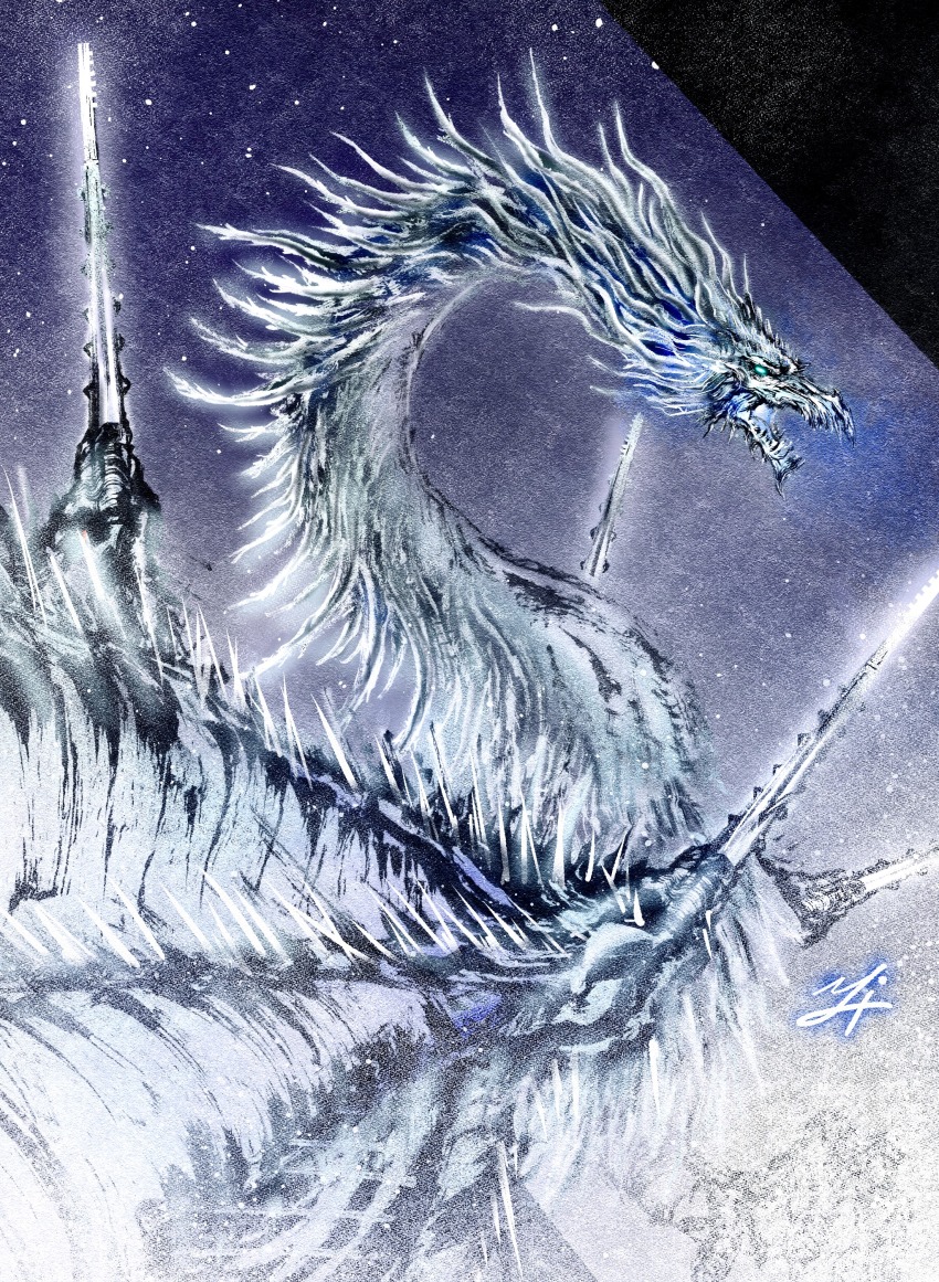 1other, absurdres, alternate_form, blue_eyes, caligo_miasma_of_night, calligraphy_brush_(medium), deadpool_yuchan, dragon