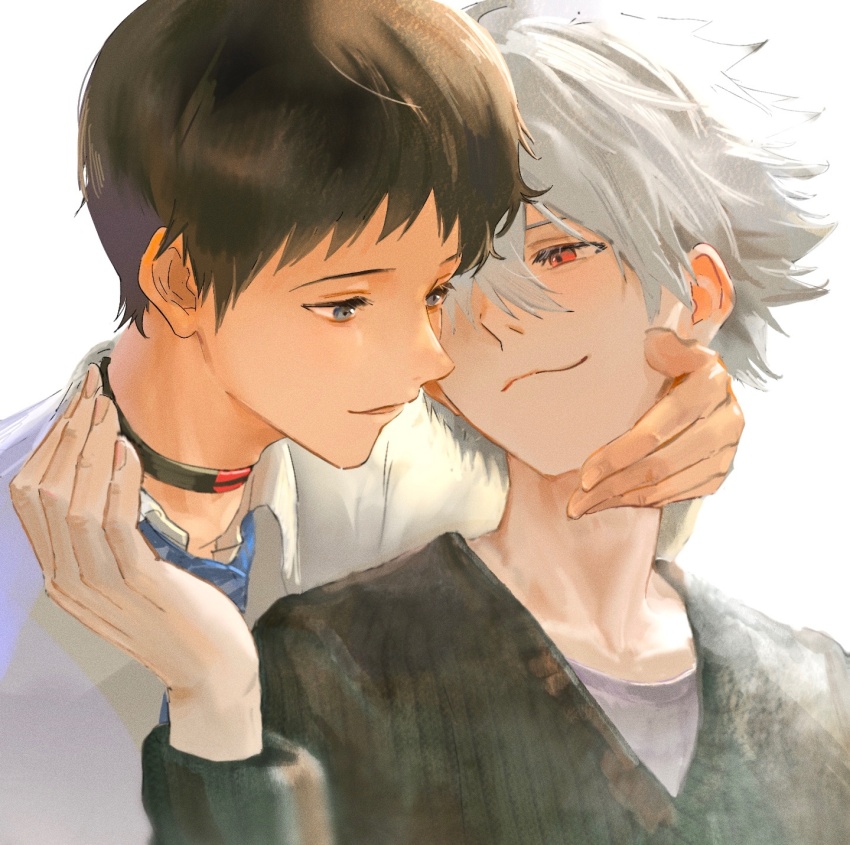 2boys, aged_up, black_hair, blue_eyes, blue_necktie, closed_mouth, collared_shirt, colored_eyelashes