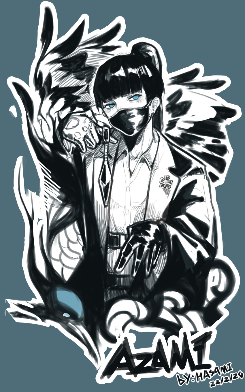 1girl, absurdres, artist_name, azami_(rainbow_six_siege), belt, blue_eyes, blunt_bangs, character_name