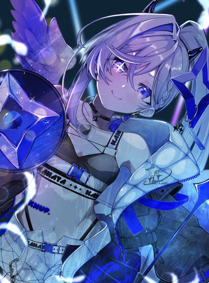 1girl, amane_kanata, amane_kanata_(lock_on), bare_shoulders, belt, black_choker, black_jacket, black_sports_bra