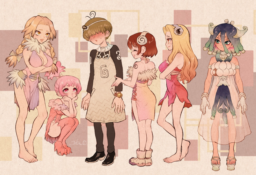 1boy, 5girls, bare_legs, barefoot, black_hair, blonde_hair, blush, boots, braid, breasts, brown_hair, cleavage, clock, crossed_arms, dr._stone, dress, facial_mark, full_body, fur-trimmed_dress, fur_trim, gloves, green_hair, hair_ornament, hair_over_eyes, hanada_nikki, harem, highres, hokutouzai_minami, hokutozai_minami, joel_gear, kirisame_(dr._stone), kohaku_(dr._stone), large_breasts, lips, lipstick, long_hair, makeup, momiji_homura, multicolored_hair, multiple_girls, ninomae_gin, ogawa_yuzuriha, open_mouth, parted_lips, pink_dress, pink_eyes, pink_hair, red_dress, sandals, see-through_clothes, see-through_dress, short_hair, sleeveless, sleeveless_dress, smile, squatting, standing, tattoo, thick_lips, thighhighs, twin_braids, white_gloves, yellow_eyes