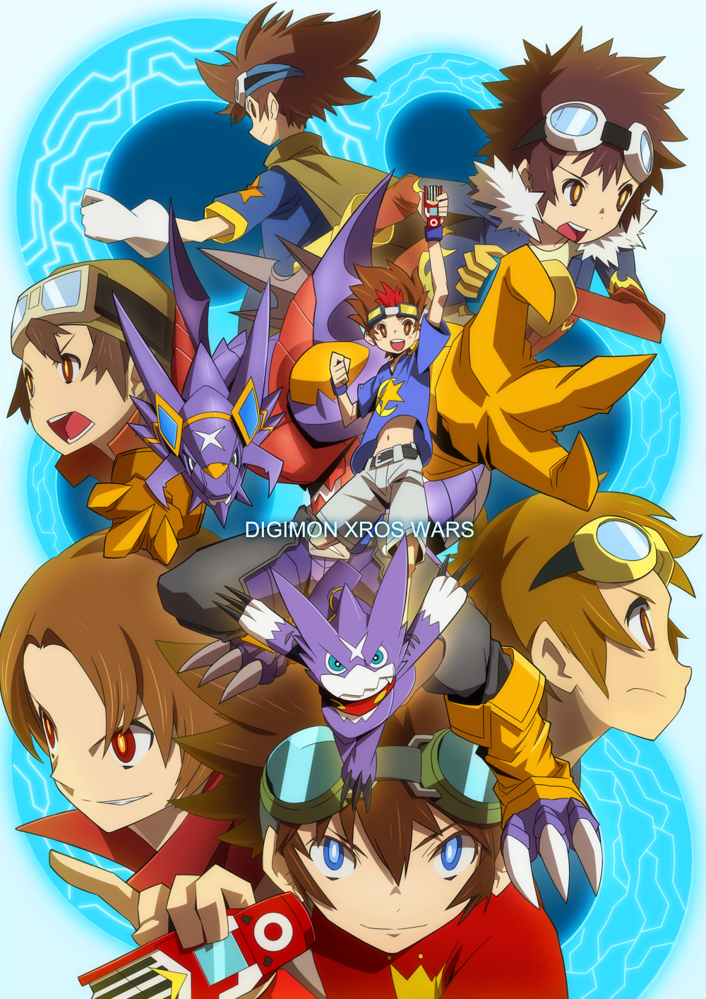 00s, 6+boys, akashi_tagiru, arresterdramon, bad_id, bad_pixiv_id, blue_eyes, brown_eyes, brown_hair, crossover, daimon_masaru_(digimon_savers), digimon, digimon_(creature), digimon_adventure, digimon_adventure_02, digimon_frontier, digimon_savers, digimon_tamers, digimon_xros_wars, digimon_xros_wars:_toki_wo_kakeru_shounen_hunter-tachi, epic, fur, gloves, goggles, gumdramon, hajime_(hajime-ill-1st), highres, jacket, kanbara_takuya, kudou_taiki, male_focus, matsuda_takato, motomiya_daisuke, multiple_boys, navel, red_eyes, red_hair, scarf, yagami_taichi