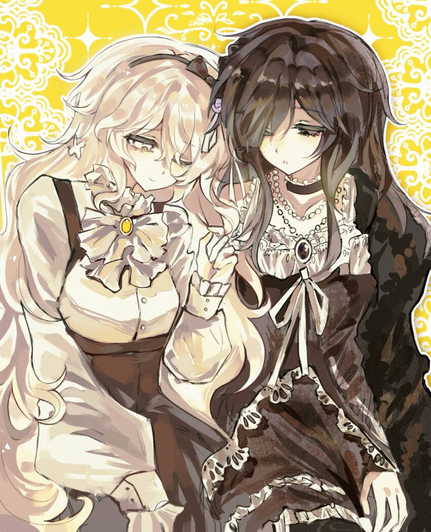 2girls, :o, ascot, black_choker, black_dress, black_hair, black_hairband, black_jacket