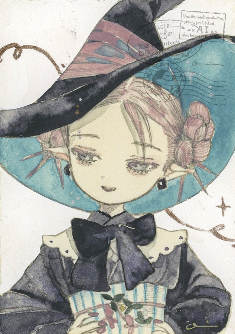 1girl, acrylic_paint_(medium), black_dress, black_hat, black_shirt, blush, bow, commentary_request