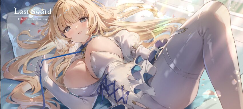 1girl, absurdres, artist_request, blonde_hair, blue_eyes, breasts, closed_mouth, copyright_name, corset, elbow_gloves, eva_(lost_sword), gloves, highres, holding, holding_leash, leash, long_hair, lost_sword:_tales_of_britania, official_art, petals, pillow, red_petals, solo, white_corset, white_gloves, zipper, zipper_pull_tab