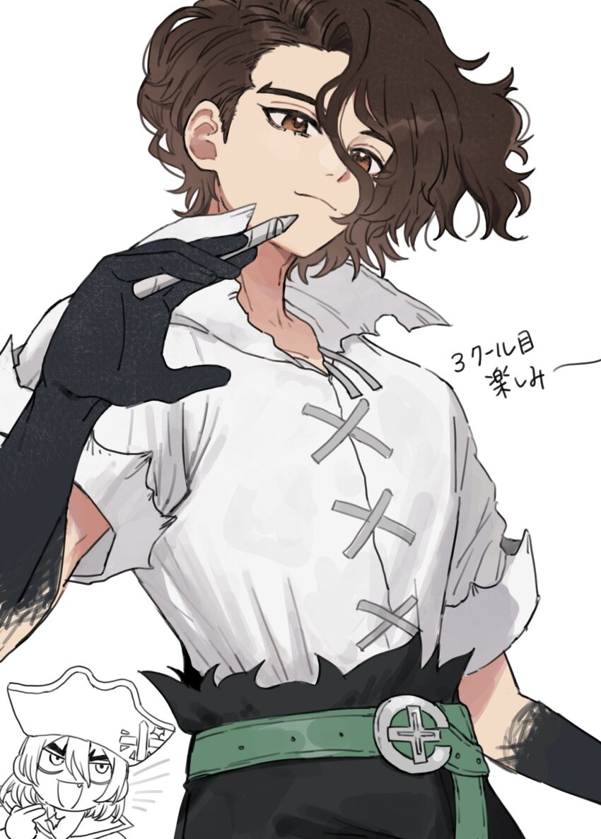 1boy, belt, black_gloves, black_pants, brown_eyes, brown_hair, chibi, chibi_inset