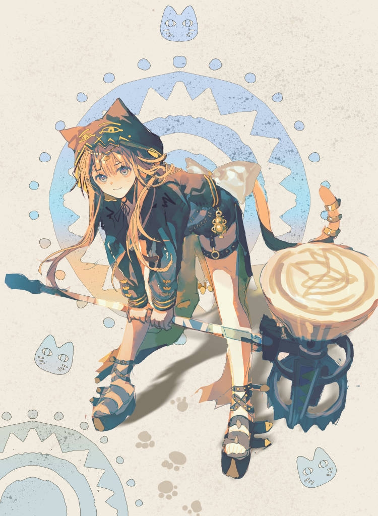 1girl, animal_ears, animal_hood, arknights, back_bow, bent_over, black_jacket, black_sandals, black_shorts, blue_eyes, bow, brown_hair, cat_ears, cat_hood, cat_tail, chinese_commentary, closed_mouth, commentary_request, enderrabbit, fake_animal_ears, full_body, holding, holding_mallet, hood, hood_up, hooded_jacket, jacket, long_hair, long_sleeves, mallet, paw_print, pepe_(arknights), platform_sandals, sandals, shorts, smile, solo, tail, thigh_strap, white_bow