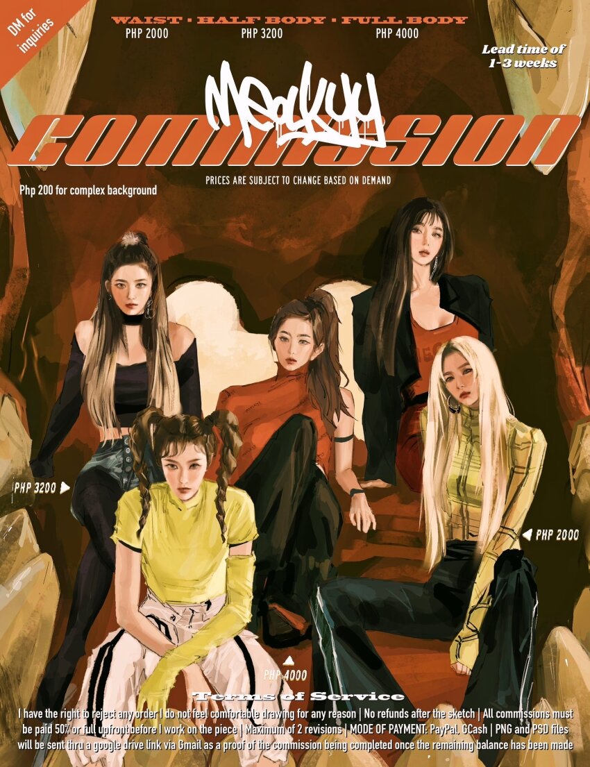 5girls, artist_name, bare_shoulders, black_pants, blonde_hair, braid, braided_twintails, brown_hair