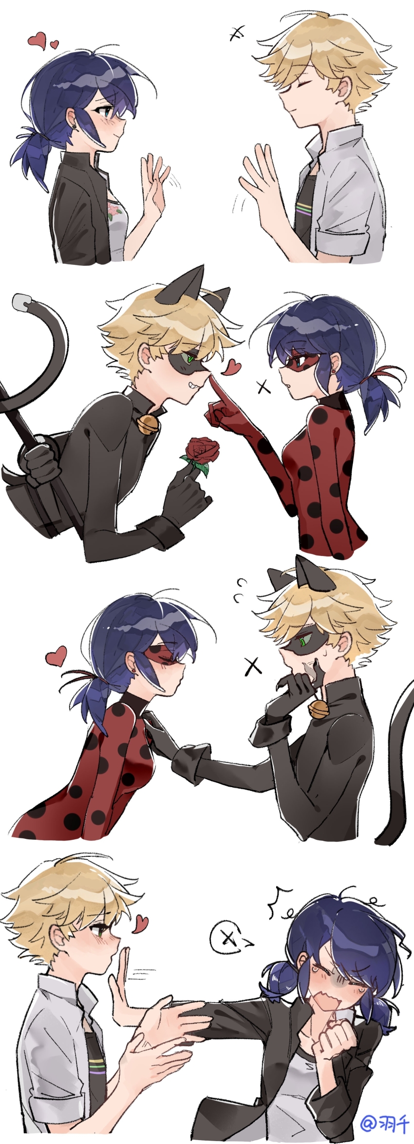 1boy, 1girl, ^^^, absurdres, adrien_agreste, animal_ears, artist_name, bell