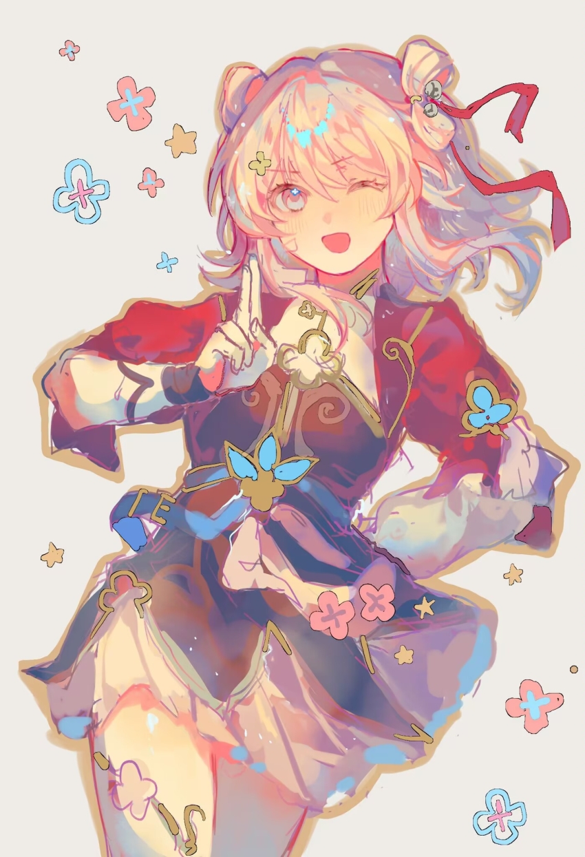 1girl, ;d, bandaid, bandaid_on_cheek, bandaid_on_face, bell, belt, black_dress