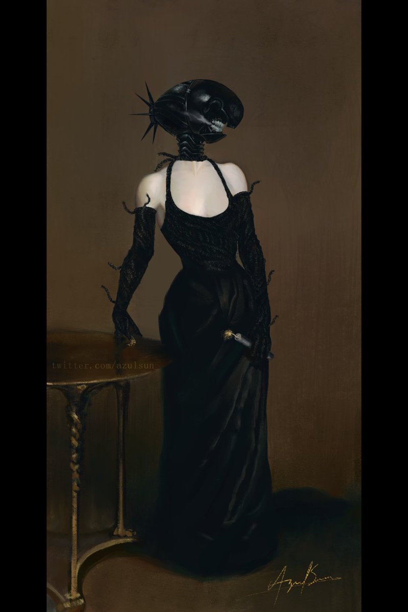 1girl, alternate_form, apron, black_apron, bomb, bomb_devil_(chainsaw_man), brown_background, chainsaw_man, dynamite, explosive, faux_traditional_media, fine_art_parody, hand_on_table, highres, holding_dynamite, john_singer_sargent_(style), looking_to_the_side, melonasun, object_head, parody, portrait_of_madame_x, reze_(chainsaw_man), signature, solo, table, twitter_username