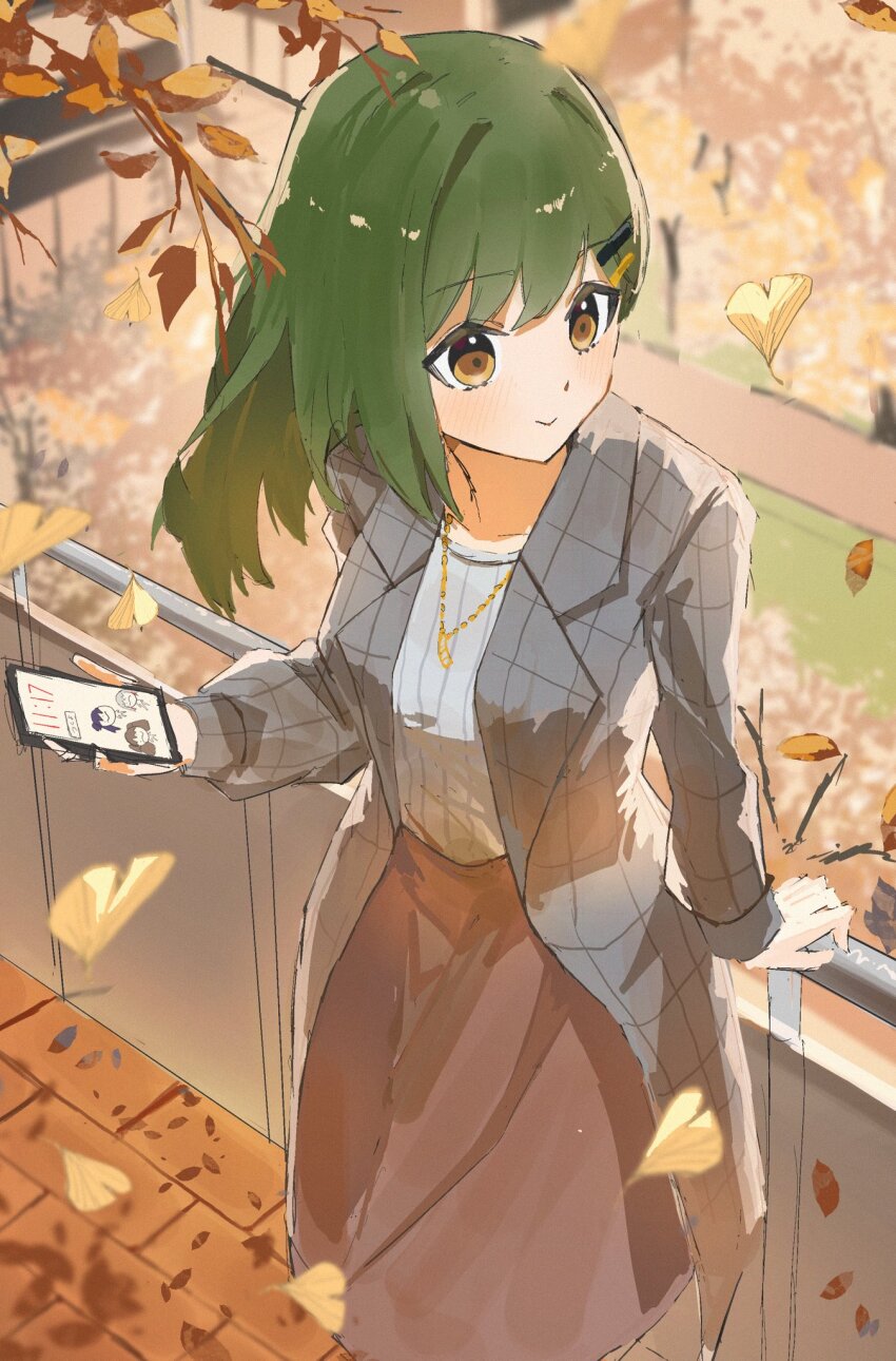1girl, against_railing, autumn_leaves, brown_eyes, brown_skirt, cellphone, closed_mouth, coat