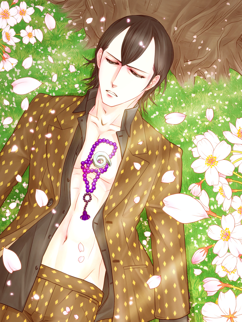 1boy, abs, bead_necklace, beads, black_hair, black_shirt, brown_suit, buttons