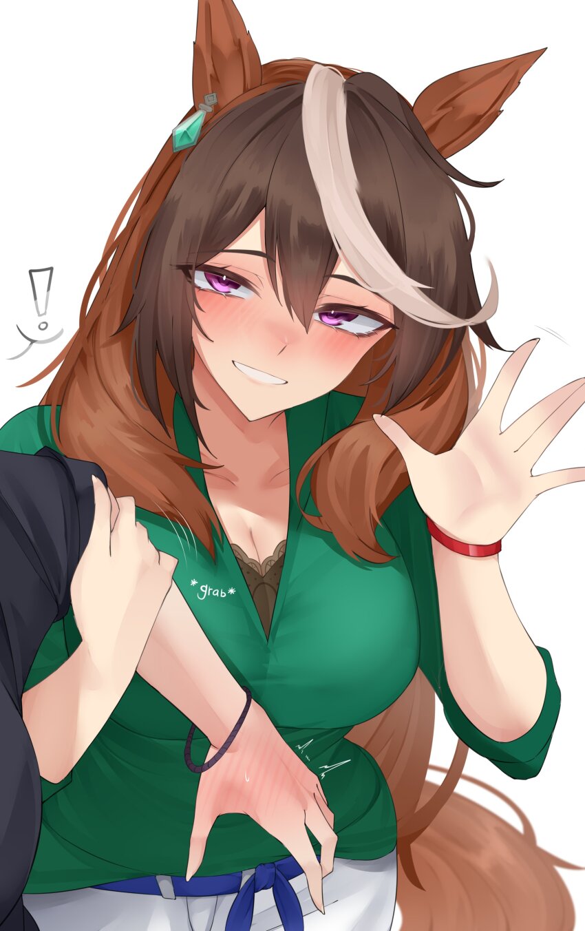 1girl, absurdres, animal_ears, bow, breasts, brown_hair, casual, ear_bow