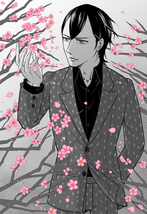 1boy, branch, buttons, cherry_blossoms, collared_shirt, cuff_links, diamond_(shape), floating_hair