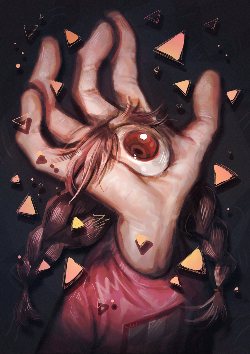 1girl, braid, brown_hair, disembodied_hand, hand_eye, hand_focus, highres, long_hair