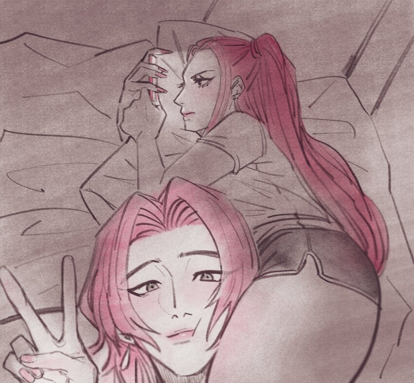 1boy, 1girl, closed_mouth, commentary, english_commentary, fingernails, highres, holding, holding_phone, i'm_this_clingy_(meme), indoors, kpop_demon_hunters, long_fingernails, long_hair, makeup, mascara, medium_hair, meme, mira_(kpop_demon_hunters), oolelele, phone, romance_(kpop_demon_hunters), shirt, shorts, sidelocks, t-shirt, twintails, v