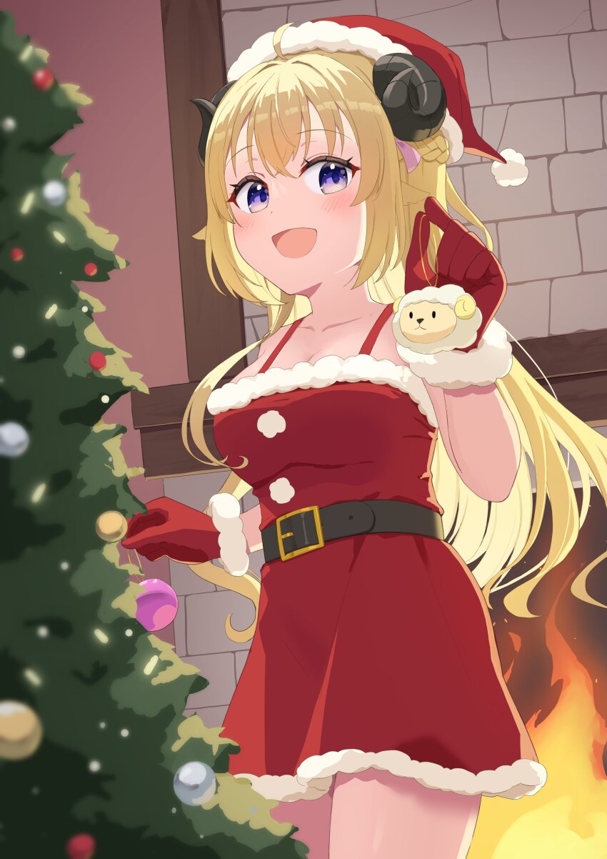 1girl, absurdres, alternate_costume, animal_ears, belt, black_belt, christmas_tree, dress