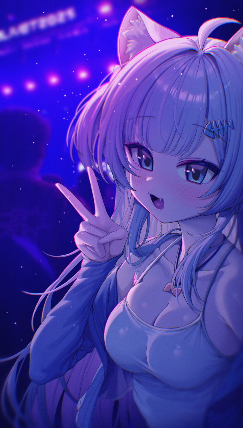 1girl, :d, absurdres, ahoge, animal_ear_fluff, animal_ears, bare_shoulders, blue_eyes