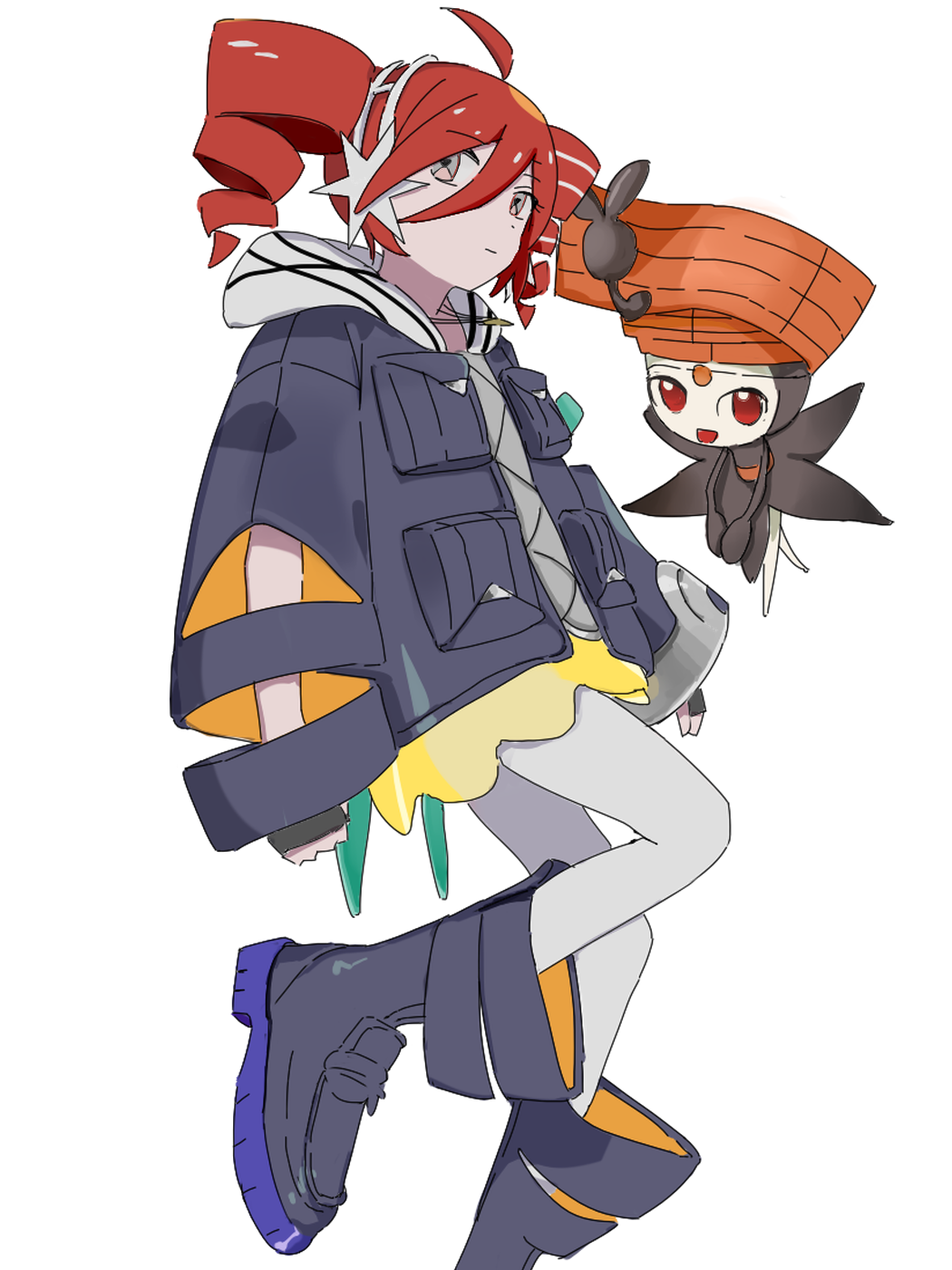 1girl, ahoge, black_boots, black_jacket, boots, closed_mouth, clothing_cutout, drill_hair