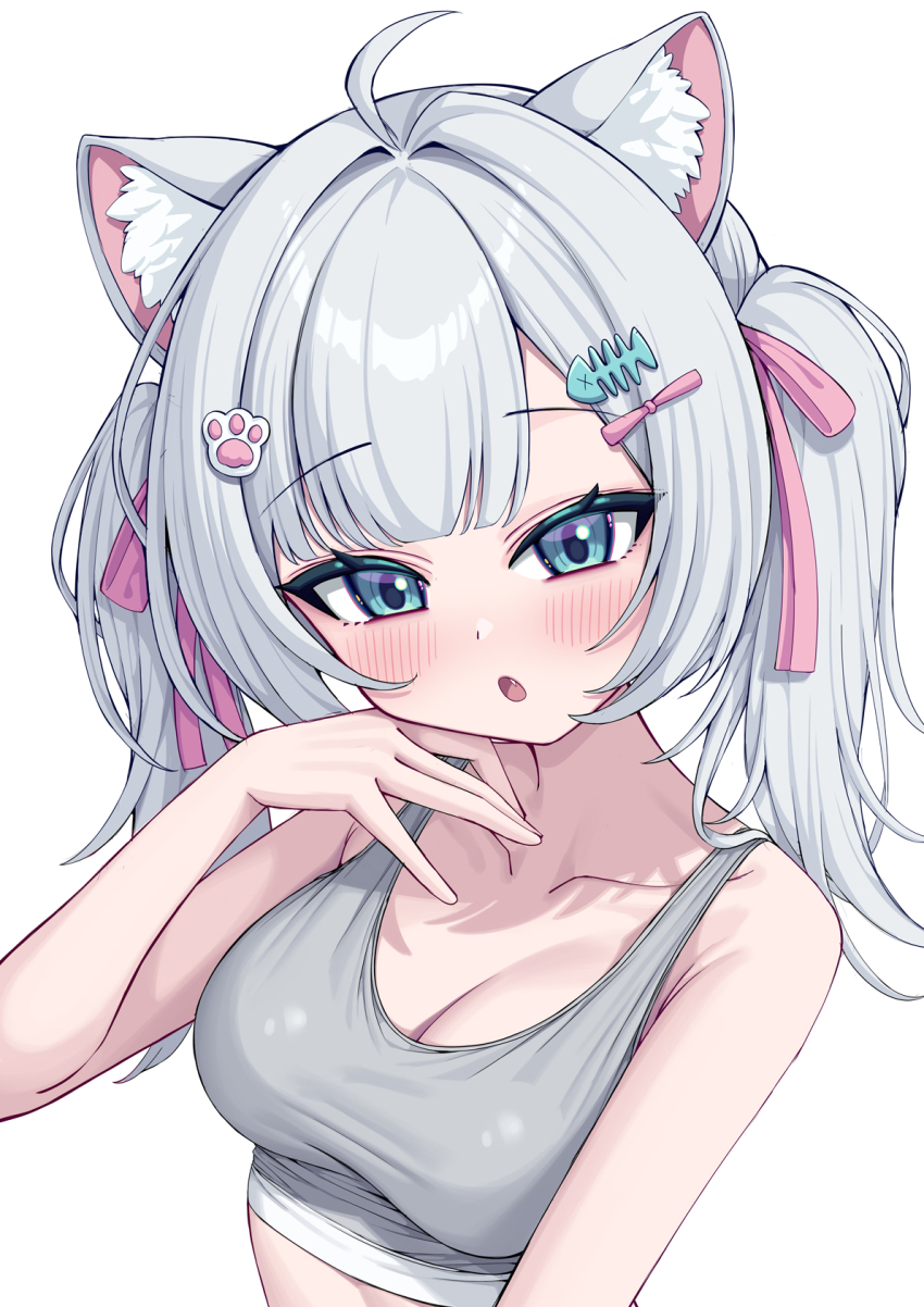 1girl, :o, ahoge, animal_ear_fluff, animal_ears, bare_shoulders, blue_eyes, blush