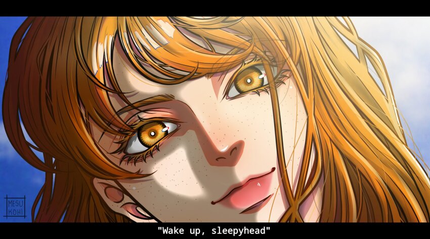 1girl, close-up, colored_eyebrows, colored_eyelashes, commentary, dutch_angle, english_text, eyelashes