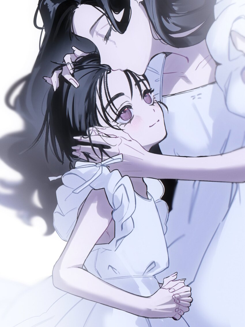 2girls, alien_stage, brown_eyes, closed_eyes, dress, hand_on_another's_face, hand_on_another's_head, hia_(alien_stage), highres, kiss, kissing_forehead, kyon_(kyonrp33f), long_hair, multiple_girls, short_hair, siblings, sisters, sleeveless, sleeveless_dress, sua_(alien_stage), white_dress