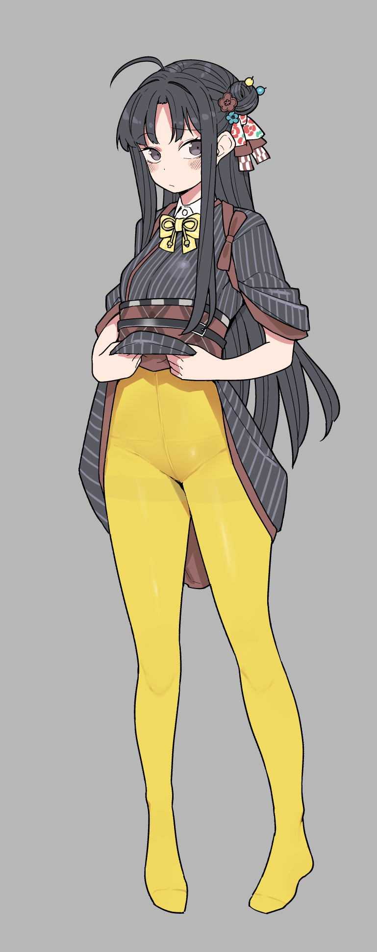 1girl, ahoge, awa_subaru, black_eyes, black_hair, black_kimono, blush, closed_mouth, clothes_lift, commentary, girls_band_cry, grey_background, hair_bun, highres, japanese_clothes, kimono, kimono_lift, kuuhaku_to_catharsis, long_hair, looking_at_viewer, no_shoes, panties, panties_under_pantyhose, pantyhose, parted_bangs, sidelocks, simple_background, single_side_bun, solo, tanaka_ahiru, underwear, yellow_pantyhose