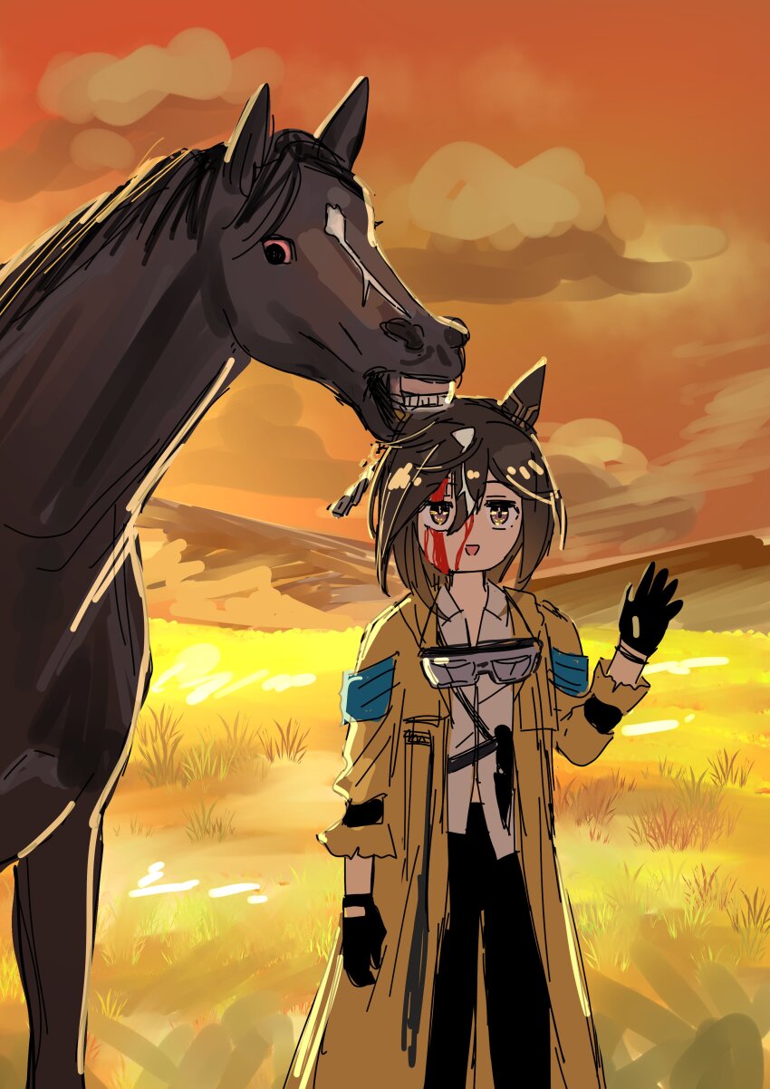 1girl, absurdres, animal_ears, biting, black_gloves, blood, blood_from_forehead, blood_on_face, brown_eyes, brown_hair, coat, ear_covers, gloves, hair_between_eyes, highres, horse, horse_ears, horse_girl, ketsuge, long_hair, mountainous_horizon, shirt, stay_gold_(racehorse), stay_gold_(sunlit_outsider)_(umamusume), stay_gold_(umamusume), twilight, umamusume, waving, white_hair, white_shirt, yellow_coat