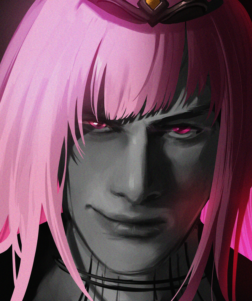 1girl, absurdres, black_background, closed_mouth, commentary, cosplay, crossdressing, crown