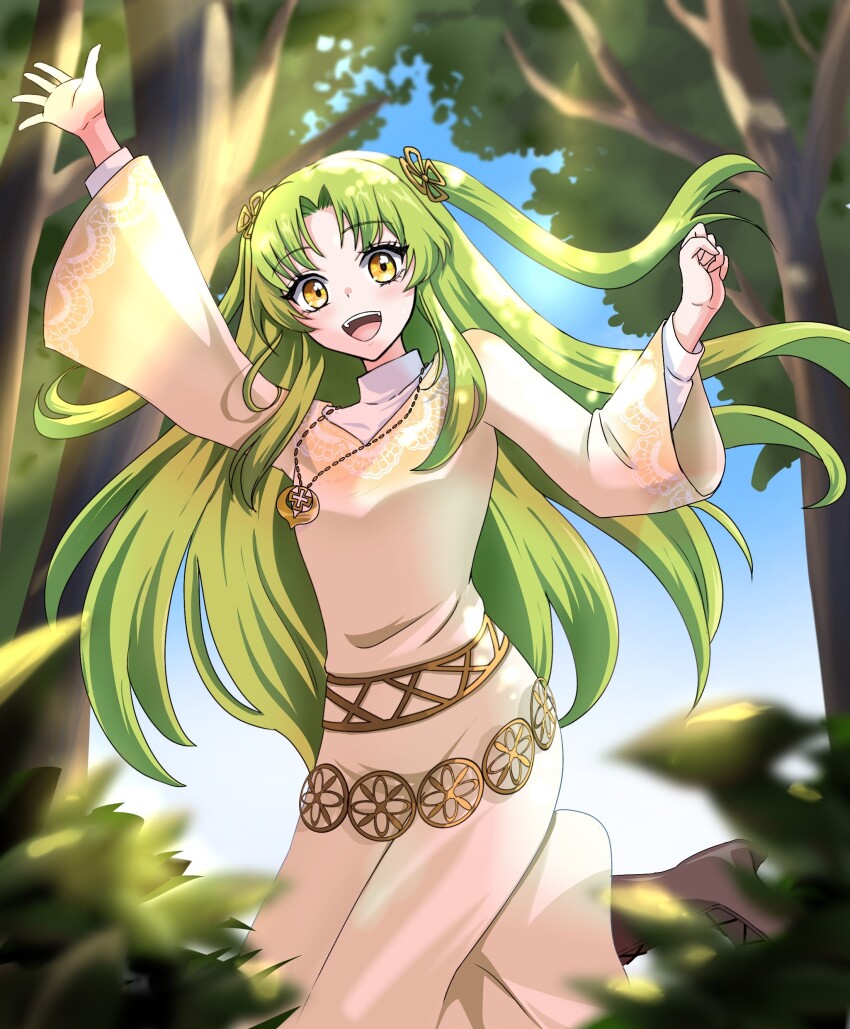 1girl, :d, absurdres, blurry, blurry_foreground, boots, brown_boots, day, diana_(saihito), eno_(pixiv117801819), green_hair, highres, jewelry, long_hair, necklace, open_mouth, outdoors, parted_bangs, saigo_ni_hitotsu_dake_onegai_shite_mo_yoroshii_deshou_ka, smile, solo, standing, tree, wide_sleeves, yellow_eyes