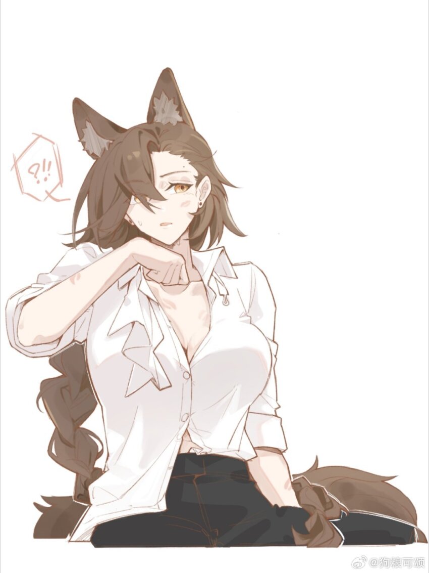 !?, 1girl, animal_ear_fluff, animal_ears, arknights, breasts, brown_hair, buttons