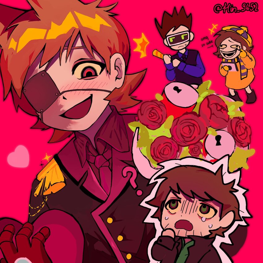 1other, 3boys, ?, animification, antenna_hair, artist_name, beard_stubble, black_coat