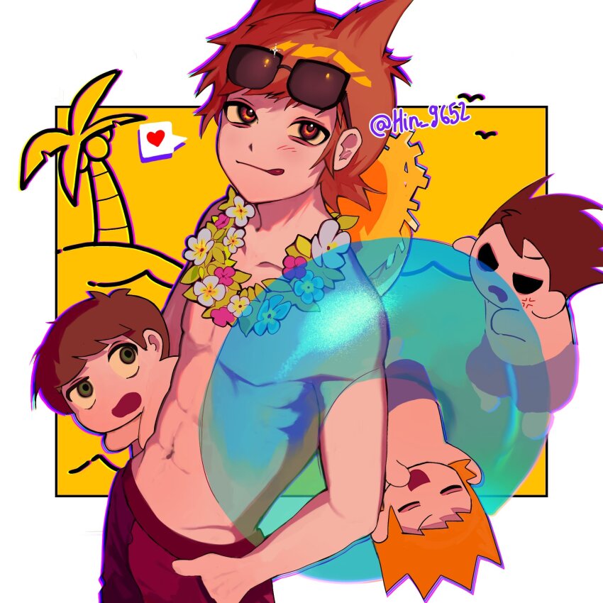 4boys, animification, antenna_hair, artist_name, blush, border, brown_hair, closed_eyes